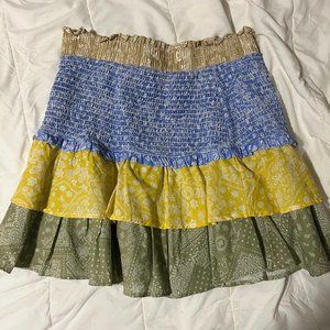 English Factory Green, Blue, Yellow Tiered Short Skirt, Smocked Waist Size M